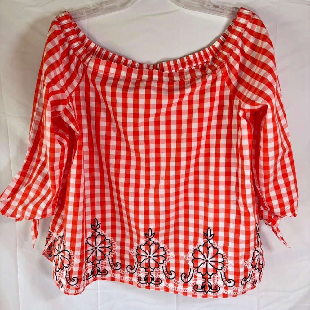Crown & Ivy Petite Top Orange & White Gingham 3/4 tie sleeves Off Shoulder Sz PL